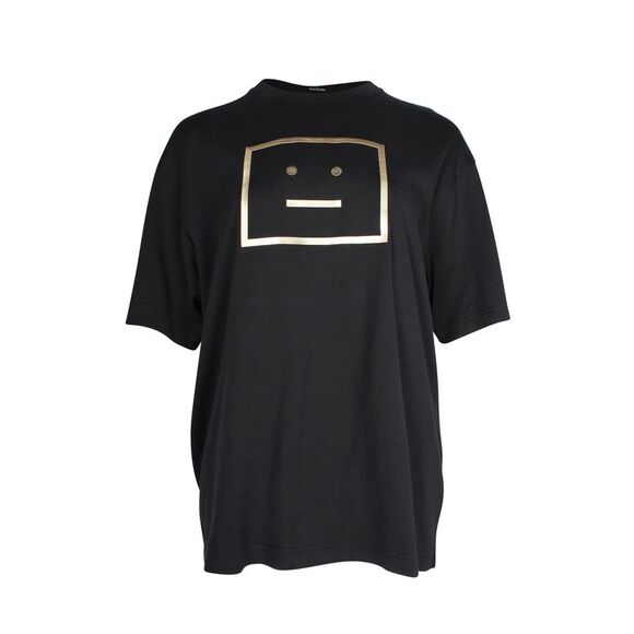 Acne Studios Graphic Face Gold Print T-Shirt in Black Cotton - Picture 1 of 5